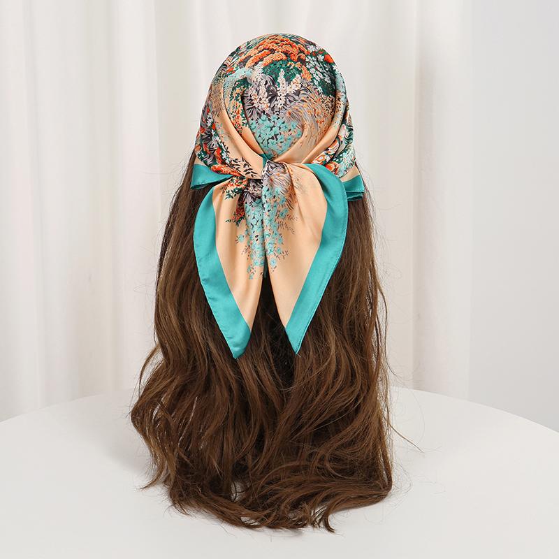 70cm Floral luxury Silk Feel Square Scarf Female Soft Satin Handle Hijab lady Bandana Foulard Bag Ribbon