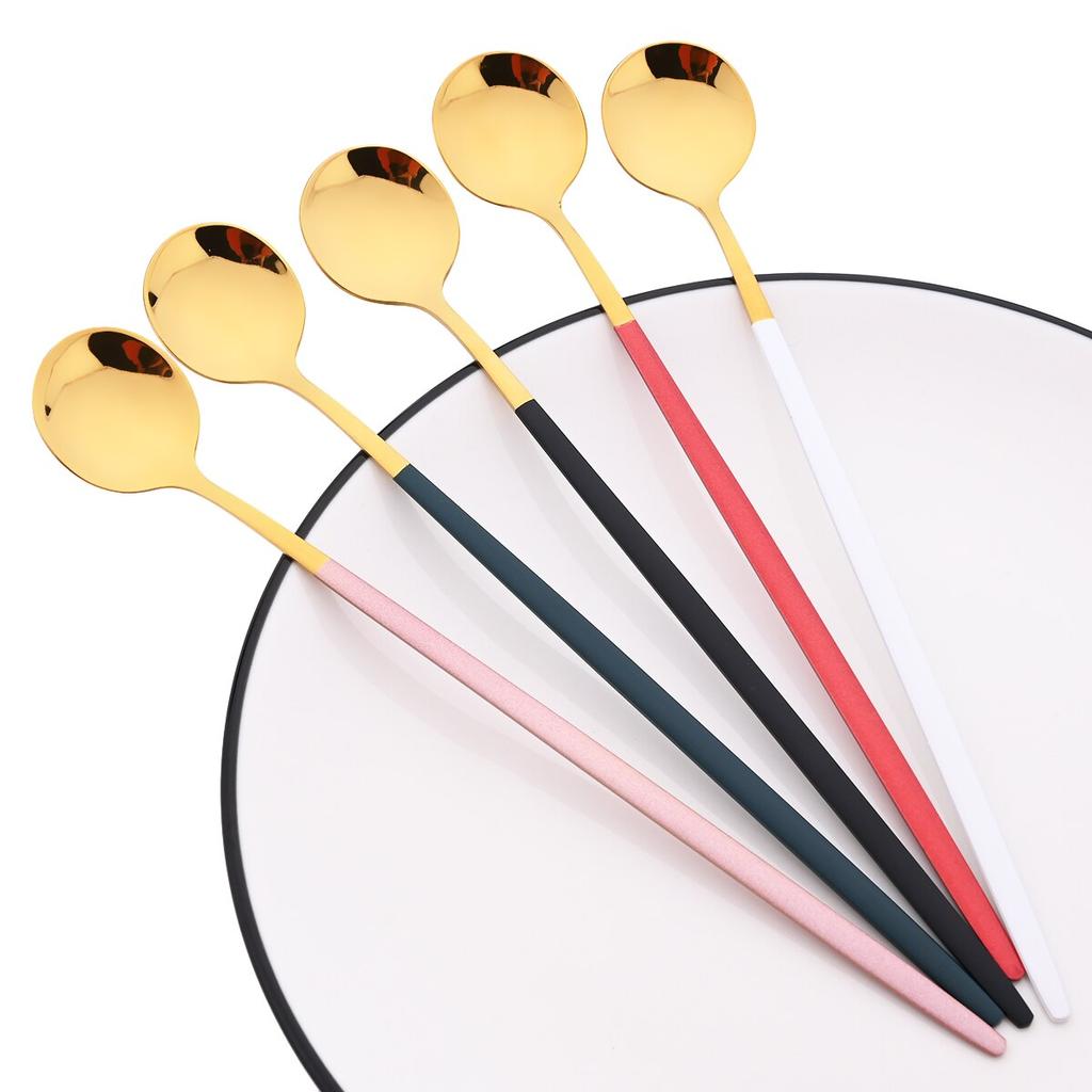 6 adet/takım renkli uzun saplı kaşık yemek takımı suyu kahve karıştırma sofra dondurma kaşığı çatal bıçak kaşık seti mutfak gereçleri