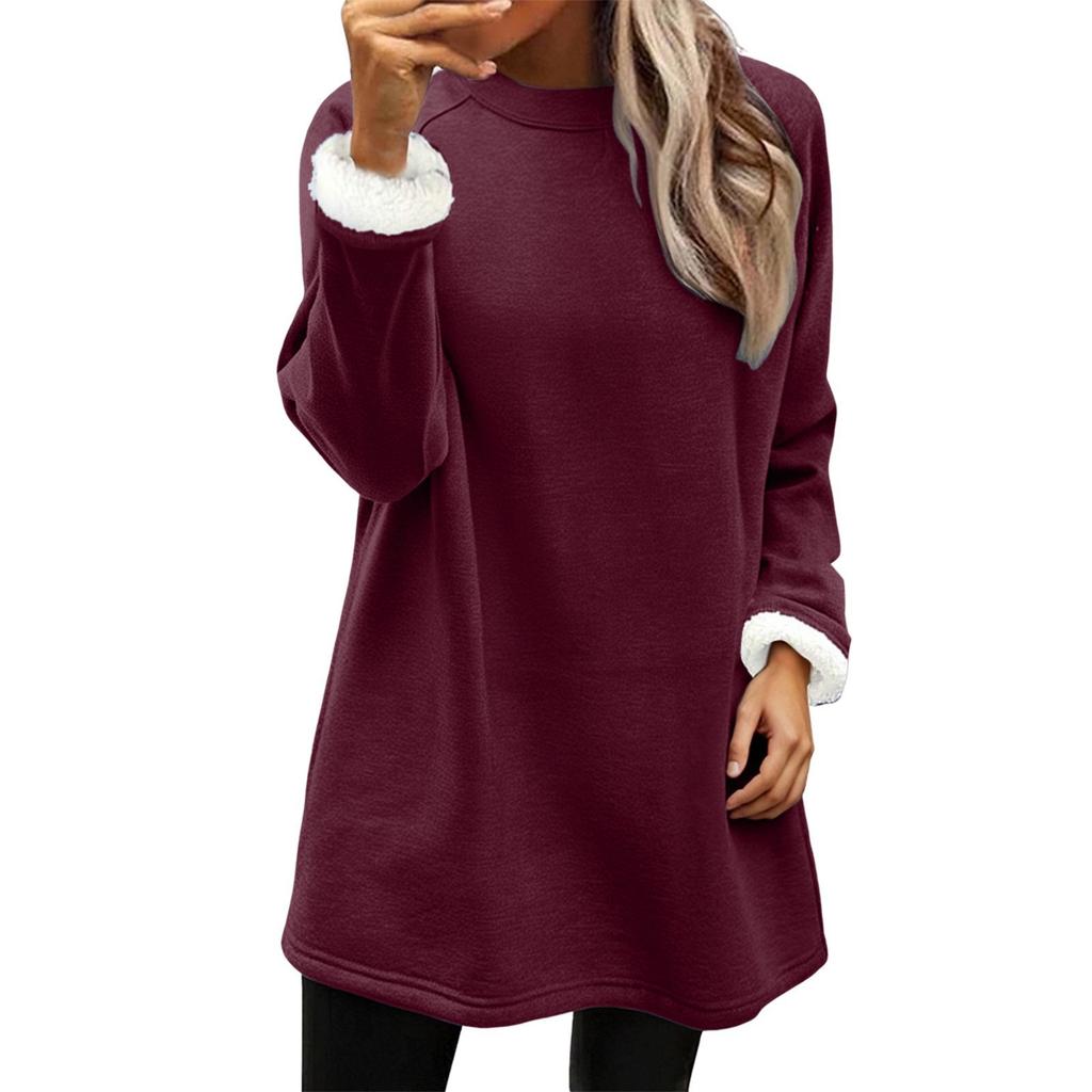 Women's Solid Fleece Lined Sweatshirt Dress Crew Neck Long Sleeve Loose Warm Casual Home Wear Winter Mini Dress