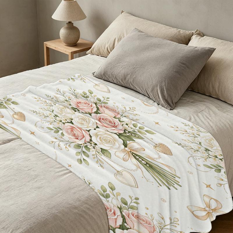 Flannel Fleece Blanket, Trimmed Edge, Soft Skin-Friendly Rose Floral Design, Warm Cozy Couch & Bedroom Cover, Perfect Valentine's Day Gift