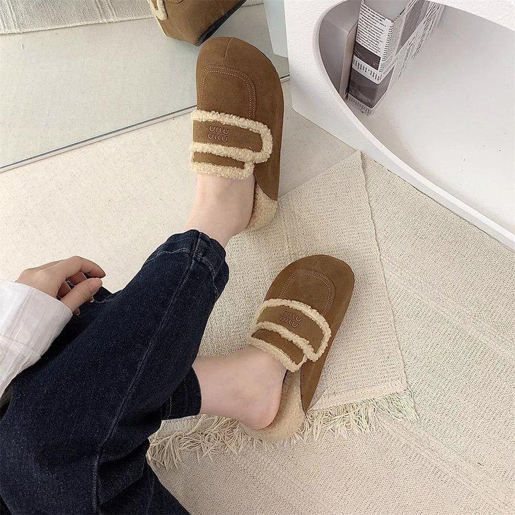 Retro bag head fluffy slippers winter new outer wear thick bottom Birkenstock half slippers velvet