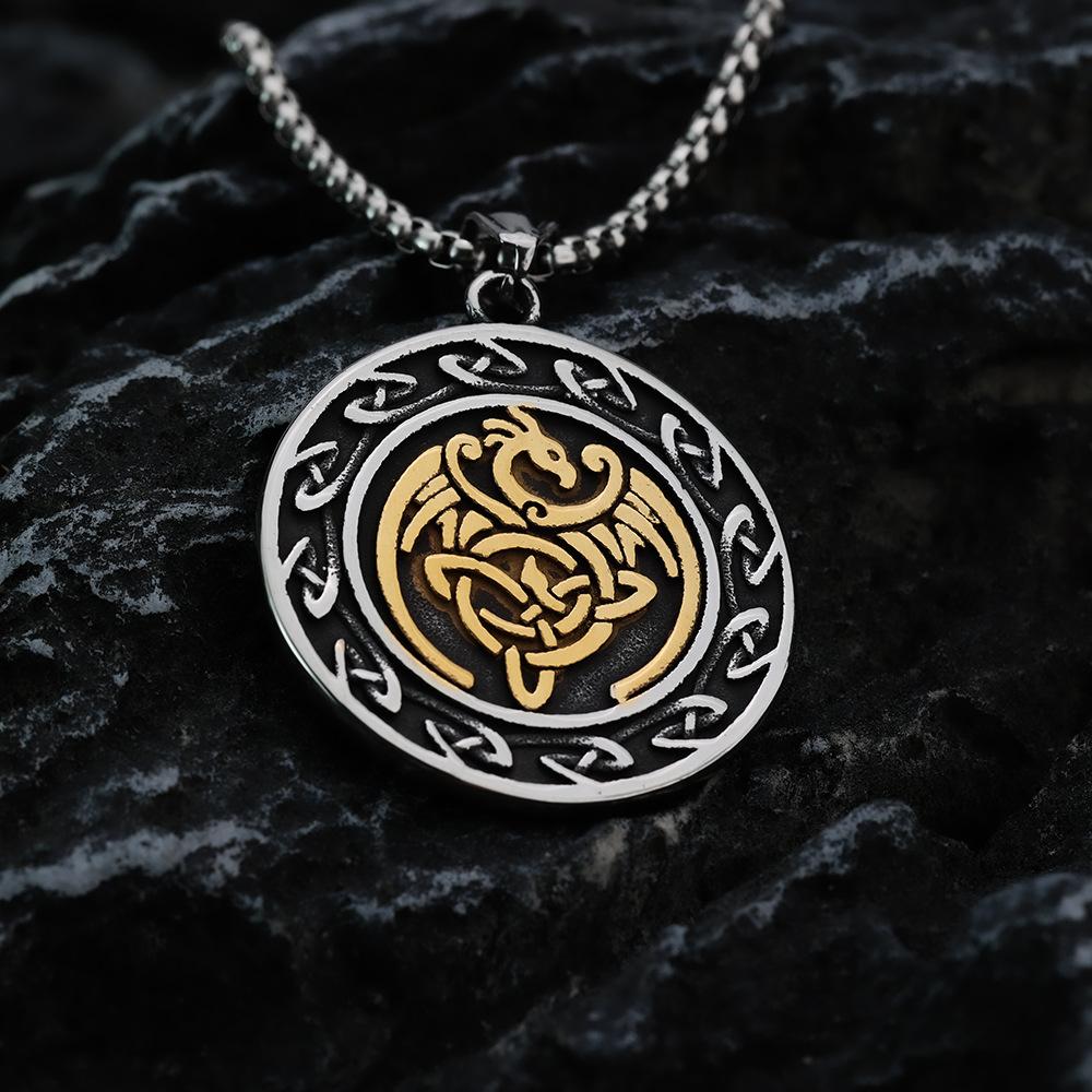 Vintage Stainless Steel Men's Pendant Celtic Knot Double Sided Dragon Round Medallion Necklace