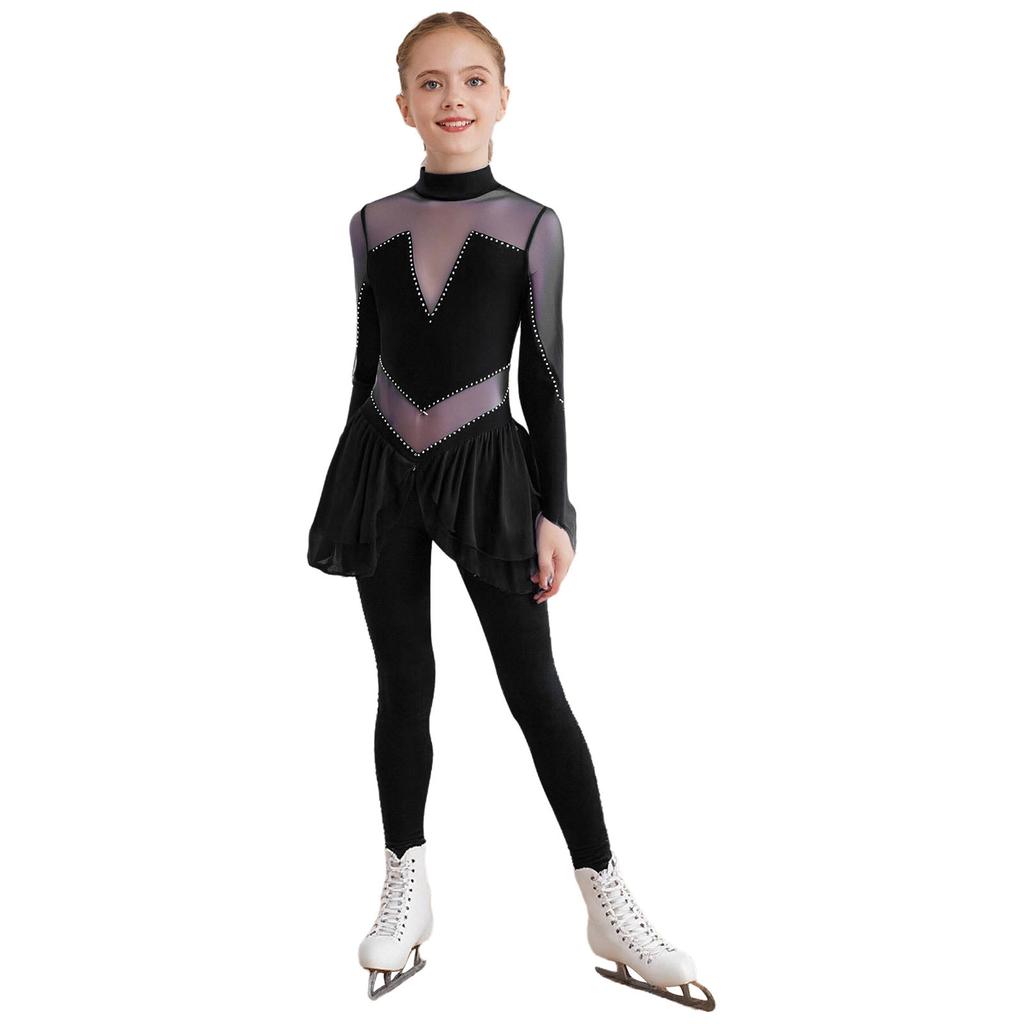 Girls Figure Skating Jumpsuit Mock Neck Long Sleeve Sheer Mesh Patchwork Shiny Rhinestones Bodysuit
