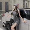 Korean Style Women's Summer Midi Camisole Dress with Subtle Design, High-Waisted, Slimming Slit