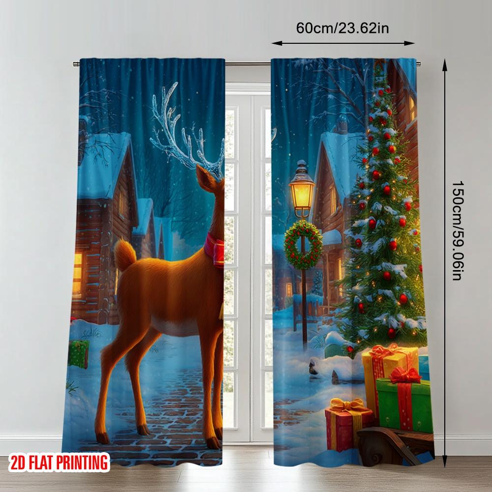 2pcs 2D flat printing Fashionable Christmas Curtains Christmas Reindeer Gifts Sleigh Digital Printed Polyester Drapes Holiday