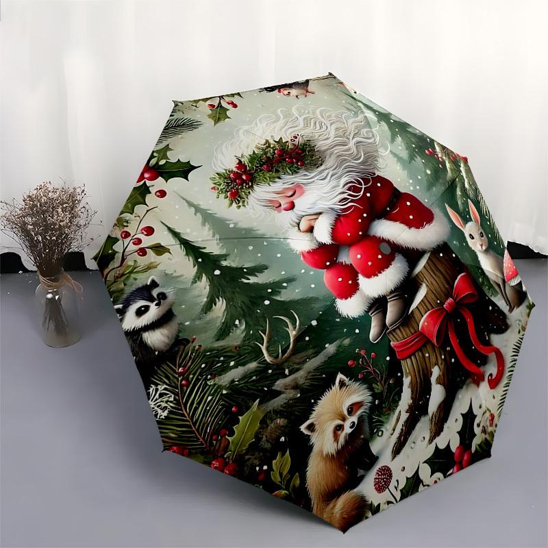 1pc Christmas Forest Santa & Friends Automatic Opening Folding Umbrella, 8 Rib Iron Frame Outdoor for Fans, Travelers, Daily Use, Festive Gift.N049