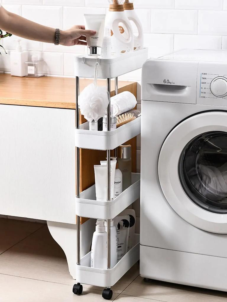 3/4 Layer Kitchen Gap Storage Rack White Freestanding Multilayer Rolling Utility Mobile Cart Bathroom Slim Slide Organizer Shelf