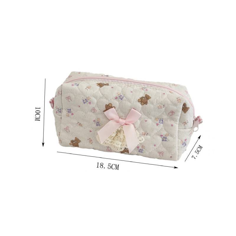 Bear Sweetheart Quilted Storage Bag With Zipper For Students And Daily Use