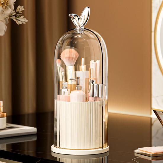 Rotating Makeup Brush Holder Dustproof Makeup Brush Organizer with Sliding Door Cosmetic Tools Beauty Brushes Holder for Vanity Table Bathroom