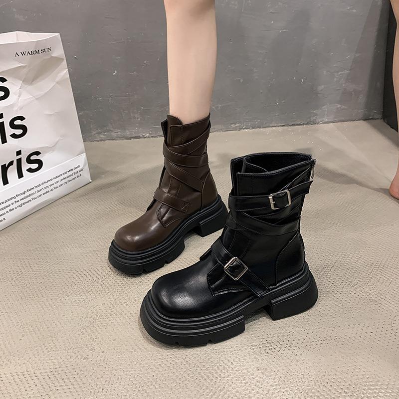 Fashion temperament brown slim platform Martin boots women's new autumn small thick heel short boots