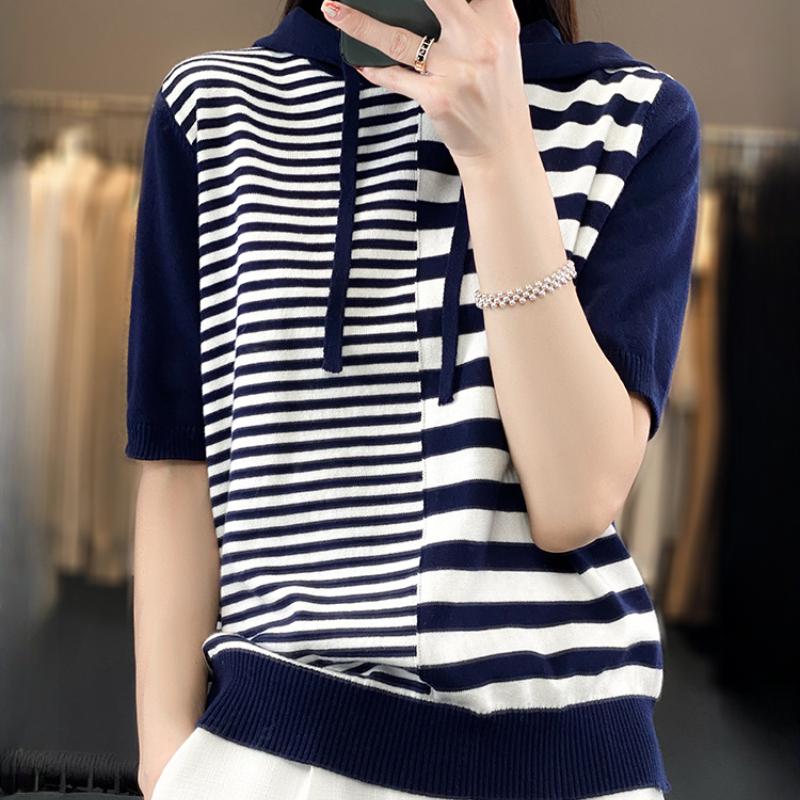 

IHUASU Полосатая хлопковая трикотажная футболка с короткими рукавами, женский летний пуловер, свободный капюшон, универсальная верхняя одежда, короткий рукав XXL темно-синий