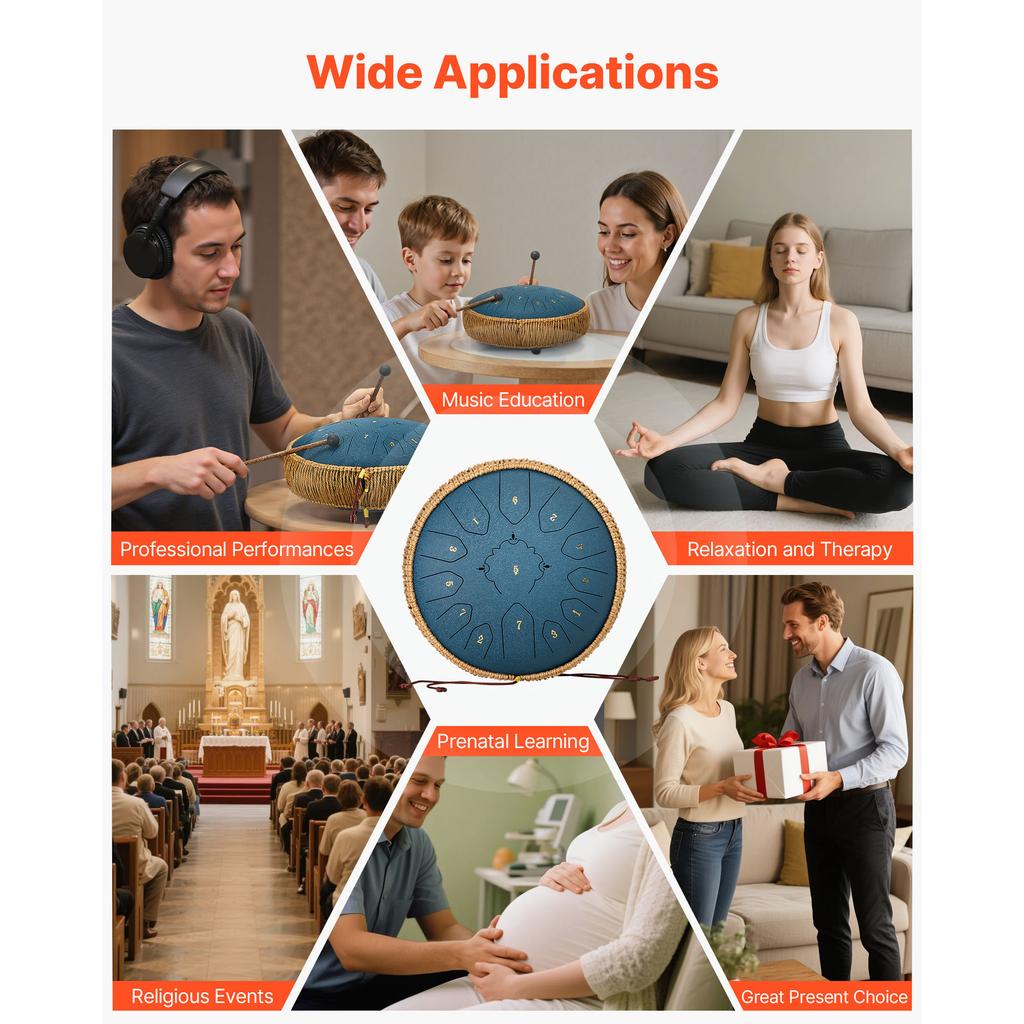 SucceBuy Steel Tongue Drum Rain Drum for Outside Garden C Major Musical Drums w/ Music Book for Yoga Beginner Musical Education