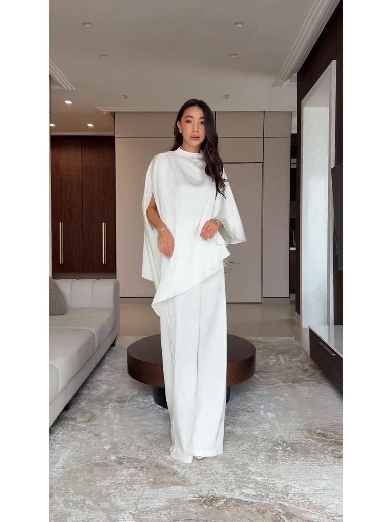2026 Spring White Wide-Leg Pants Suit: Casual Two-Piece with Irregular Design