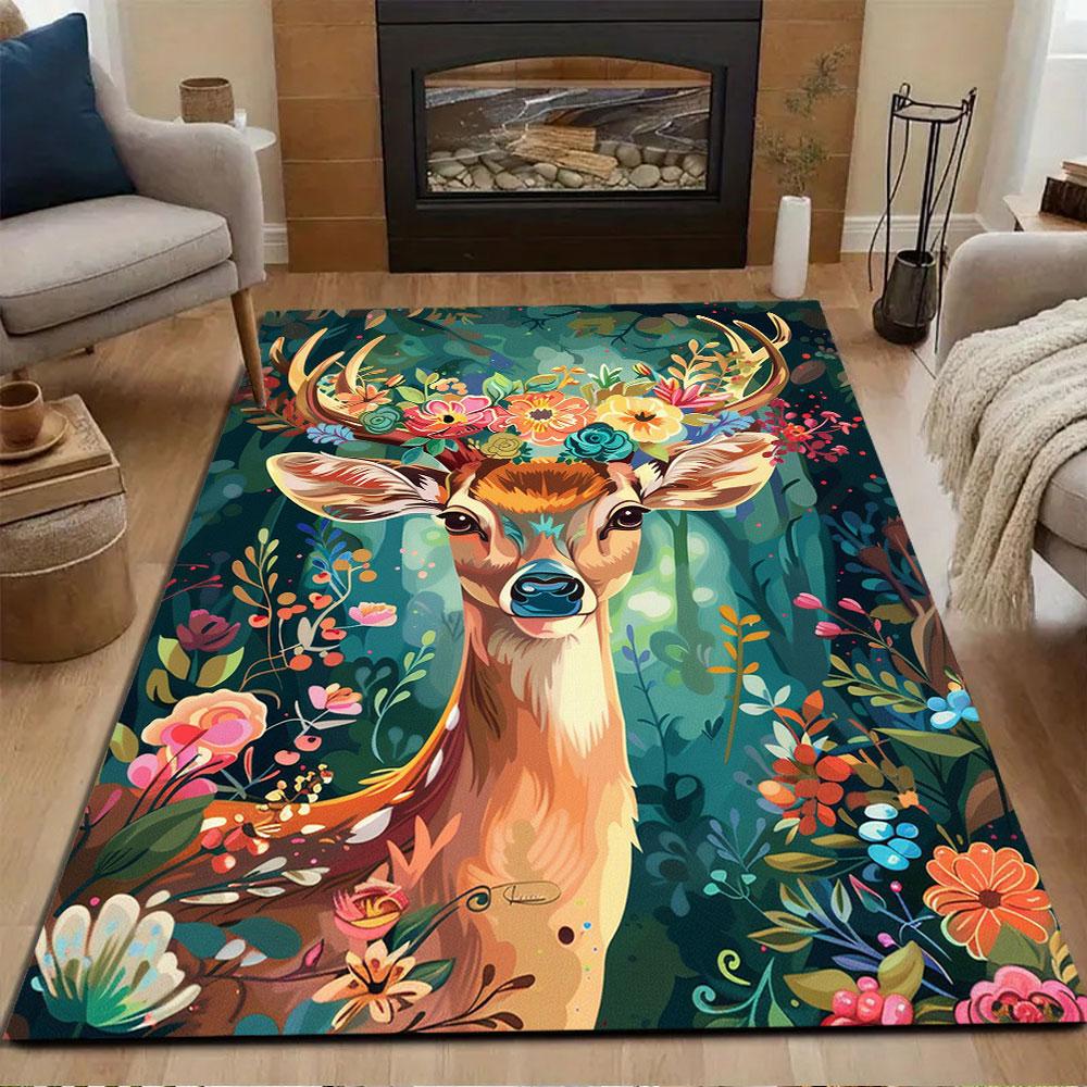 Floral Antlered Deer in Forest Scene Patterned carpet, non slip mat suitable for living room and bedroom sofas