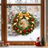 Christmas Window Clings Wreath Stickers, Retro Santa Claus PVC Decals, Waterproof Decorative Wall Stickers Static for Holiday Home Glass Doors