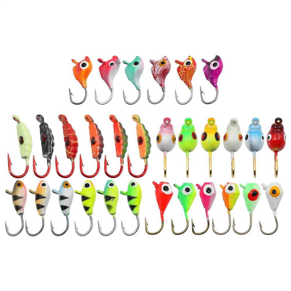 30PCS Fishing Lures Winter Ice Fishing Jigs Luminous Ice Fishing Gear Bass Crappie Jigs Head Hooks With Ice Fishing Lure Box