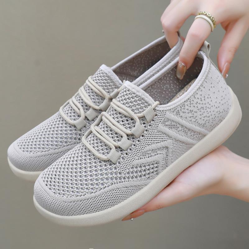 Shoes women's new flying woven casual shoes lightweight breathable single shoes 2025 soft sole comfortable simple lace-up mesh shoes
