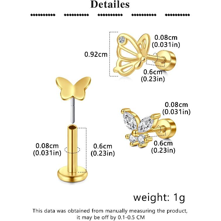 Silver Gold Cartilage Earring for Women Hypoallergenic Flat Back Earrings Threadless Helix Earring Tragus Studs 6mm Cartilage Jewelry Flatback