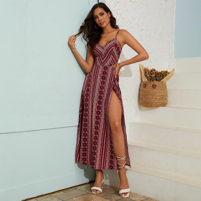 Silk Gauze Floral Backless Dress with Spaghetti Straps and Slit - European American Summer Style