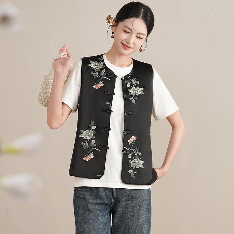 Spring Retro Chinese-Style Hanfu Vest: Women's Satin Embroidered Cardigan with Frog Buttons