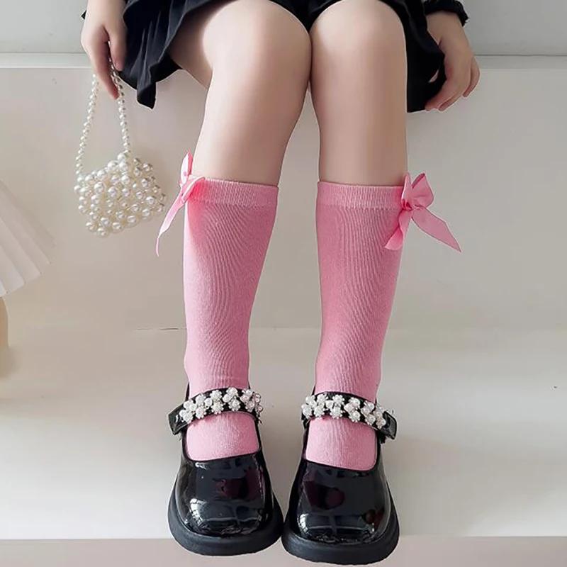New Spring Summer Girls Knee High Socks Kids Bow Tie Long Socks Soft Cotton Breathable Children School Uniform JK Fashion Socken