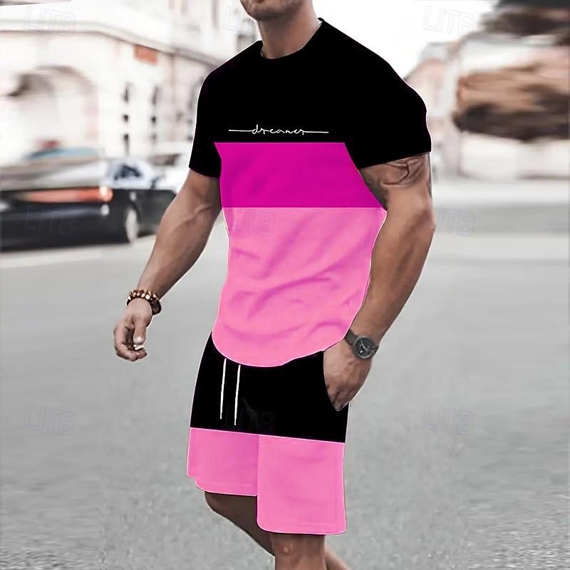Men's Striped 2pcs Tees sets Summer Tops Short Sleeve Short Pants Crew Neck Sport Casual Outdoor Vacation Sport 3D Print Summer Black Yellow Green