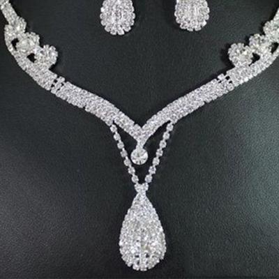 Fashion Drop Crystal Jewelry Set Rhinestone Necklace Earrings Jewelry Set for Bridal Bridesmaid Wedding Clothing Accessories
