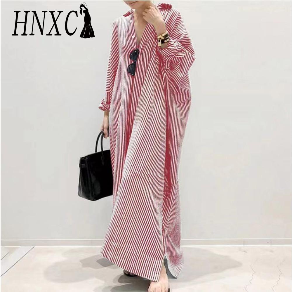 HNXC Korean Style Women Long Sleeve Button Down Striped Casual Maxi Shirt Dress