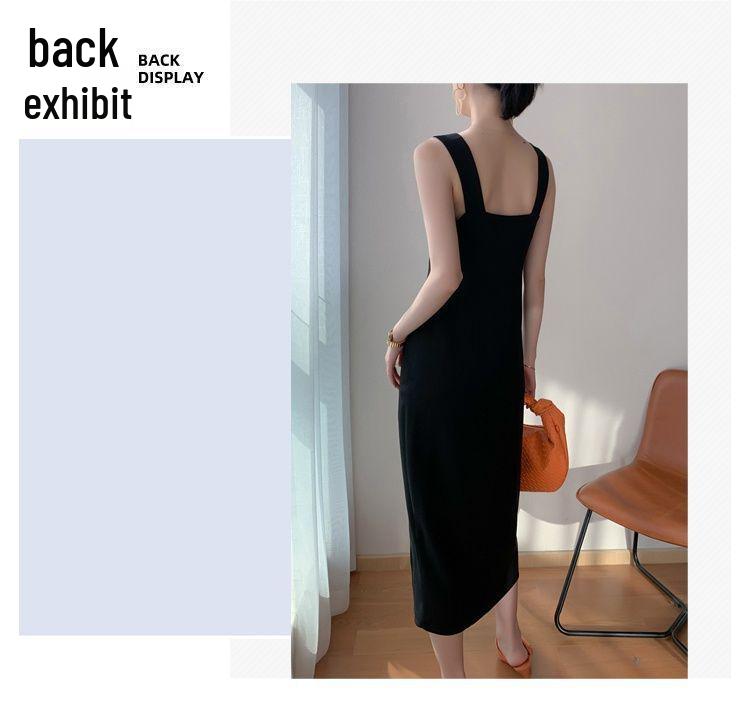 Elegant Black Square Neck Mid-Length Summer Dress with Slit