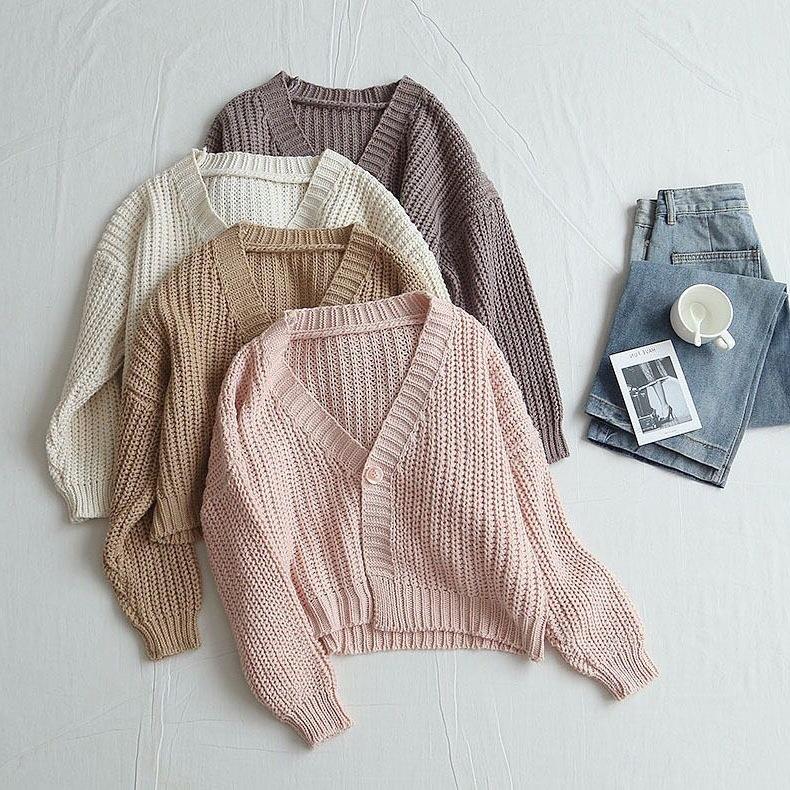 1011 Spring Women's New Product Retro Style Solid Color One Button Loose V-Neck Knitted Cardigan Sweater Women's Jacket