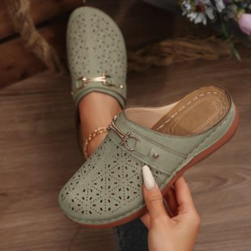 Fashionable Half-slipper Women's Thick-soled Wedge Heel Breathable Hollowed-out Large-head Retro Shoes