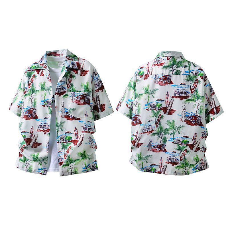 Vintage Kokospalmen-Surfbrett-Print Hemd mit kubanischem Kragen, kurzärmlig