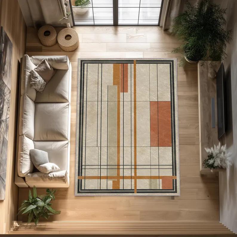 Retro Curve Abstract Area Rug Orange Blue Mid Century Modern Carpet Colorful Geometric Floor Decor Washable Living Room Rugs