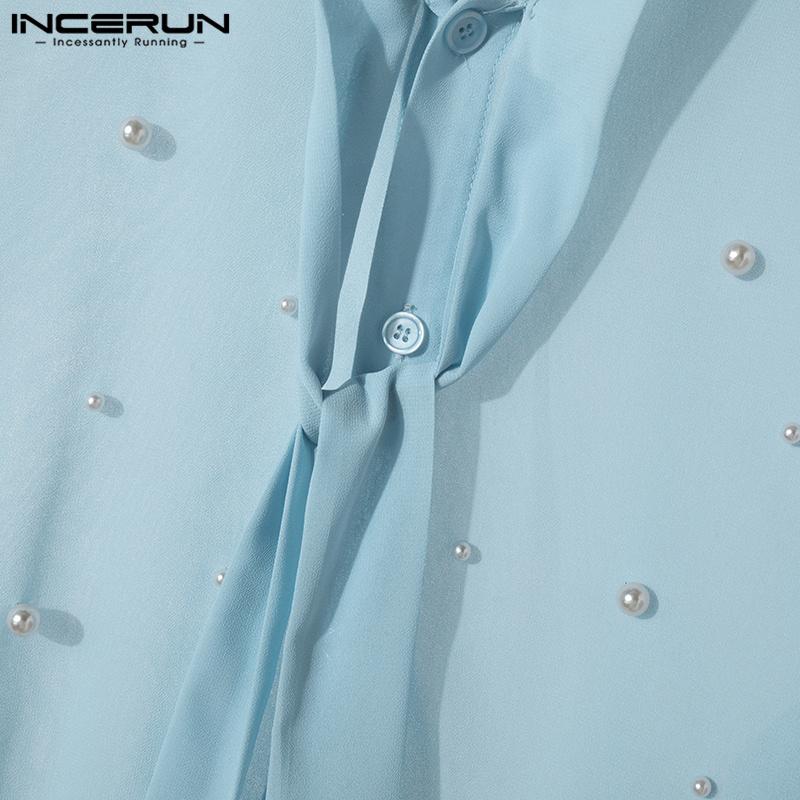 INCERUN Men Lace Up Neck Pearl Decoration Mesh Long Sleeve T-shirts Tops