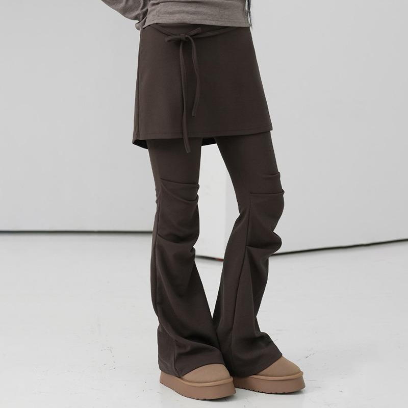 Women's Retro False Two-piece Micro Trousers Trouser Skirt Design Sense of Pure Colour Pleated Slim Thin Fashion Casual Trousers