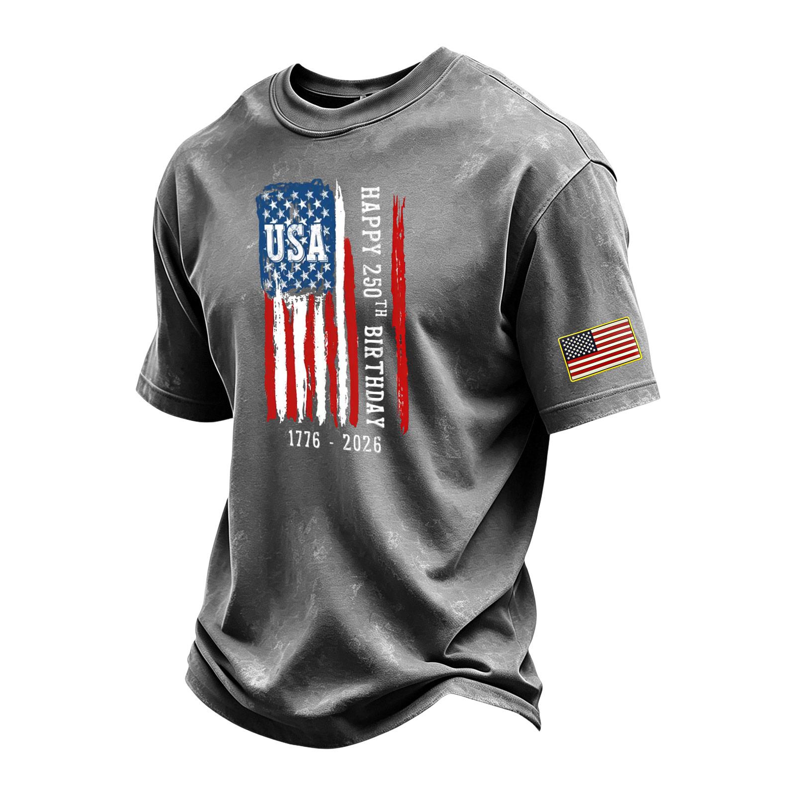 

Men s Vintage Washed Crew Neck Short Sleeve T-Shirt with USA Flag Graphic and 250th Birthday Print Casual Cotton Tee XL