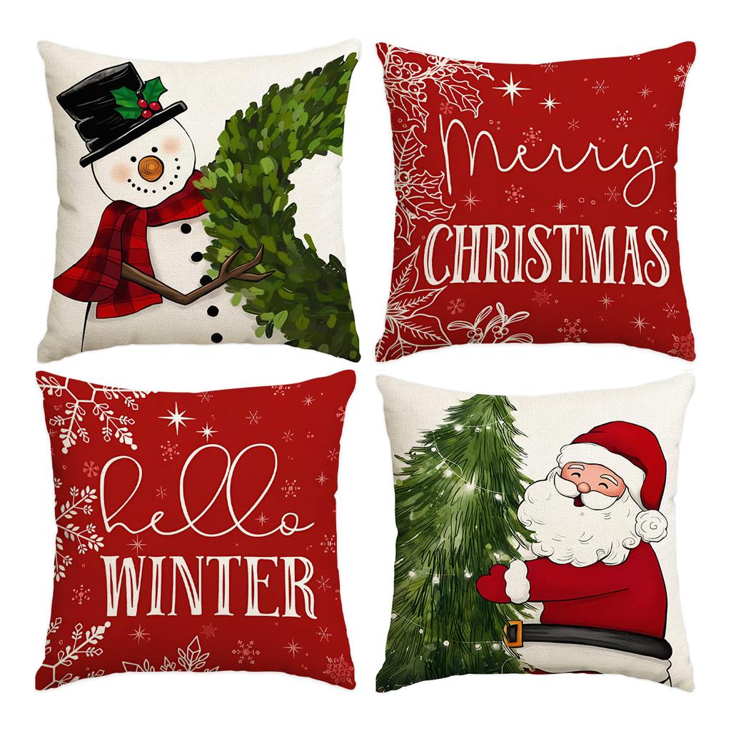 1 \ 4pcs blue Christmas pillow cover, single-sided printed cushion cover, suitable for living room sofas (without pillow core)