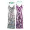 European & American Style Women's Cowl Neck Sequined Spaghetti Strap Slimming Midi Dress