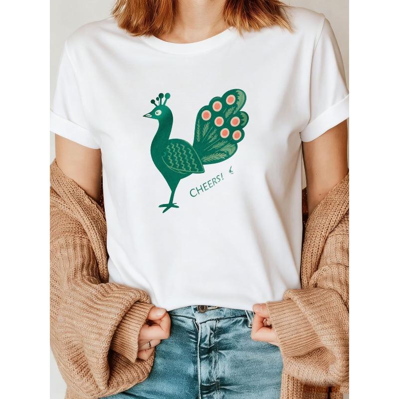 

Women s Black Graphic T-Shirt Green Peacock Crown Crest Long Tail Pink Circles CHEERS! Casual Summer Tee S белый