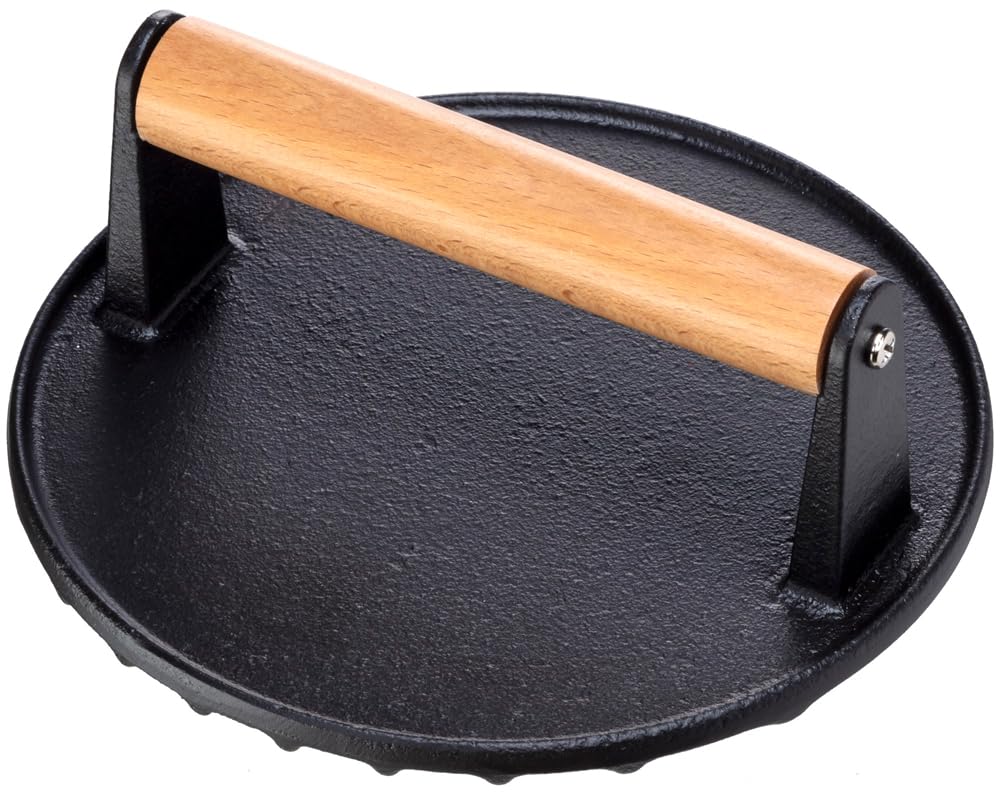 

Ishigaki Delish Life Cast Iron Meat Press, Round, for Meat Dishes, with Wooden Handle, Wave Pattern, 18cm, Product Number: 4552