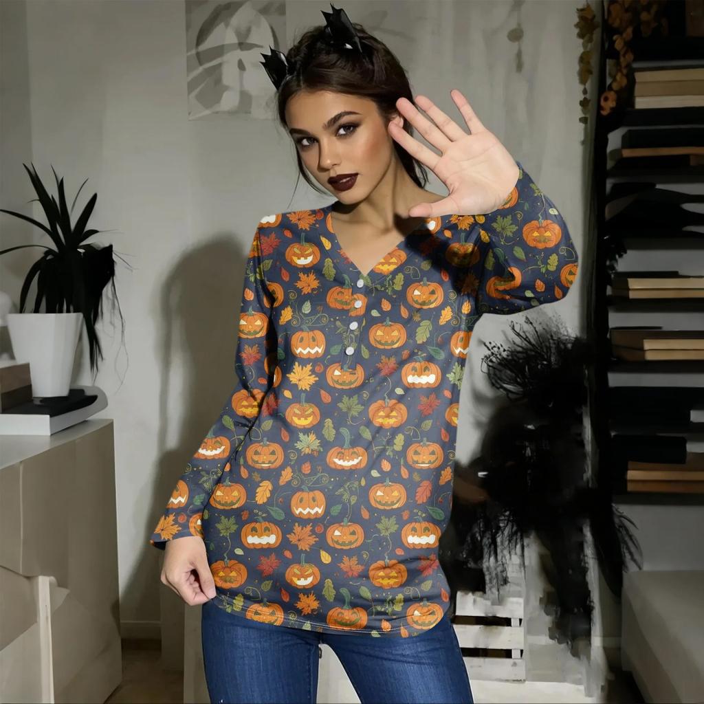 Women's Casual Fashion Sexy Comfort Halloween Printed V-Neck Button Long Sleeve