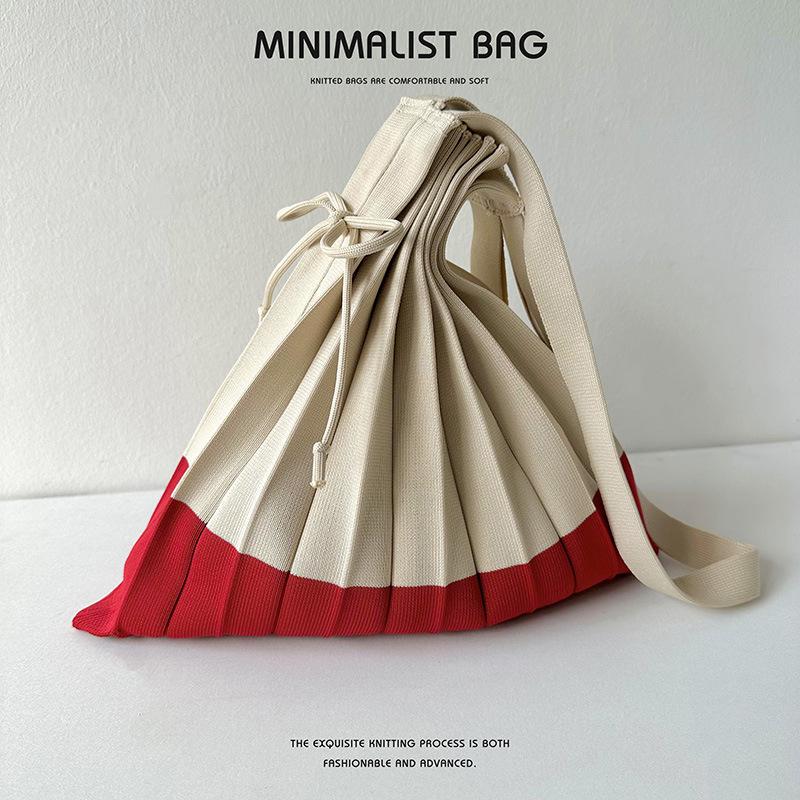New Knitted Pleats Tote Bag Designer Chic Stitching Contrast Korean Retro Fashion Women Shoulder Shopper Handbag Foldable