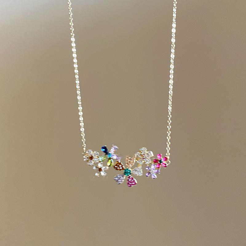 Stainless Steel Diamond Flower Pendant Necklace Earrings Set Dopamine Sweet Clavicle Chain Light Luxury Premium Sense Necklace
