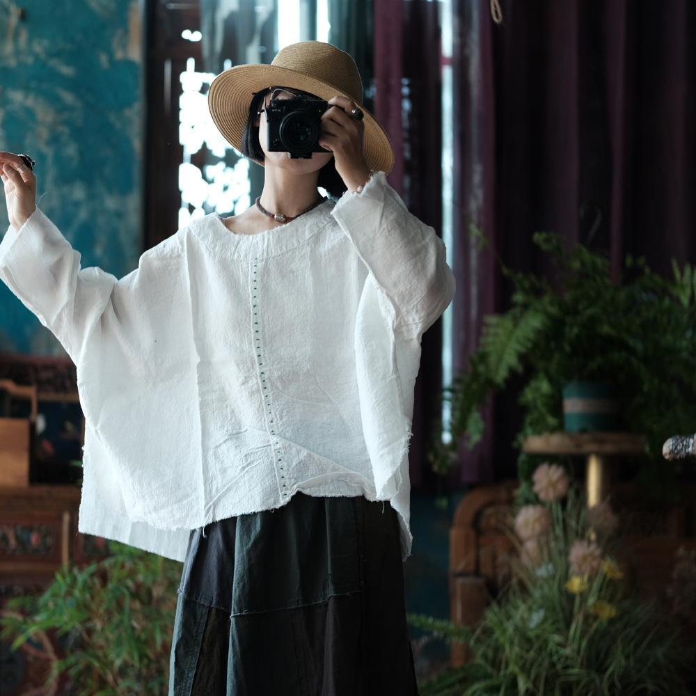 Johnature Women White T-Shirts Embroidery Solid Color Long Sleeve Tees O-Neck Autumn Chinese Style T-Shirts