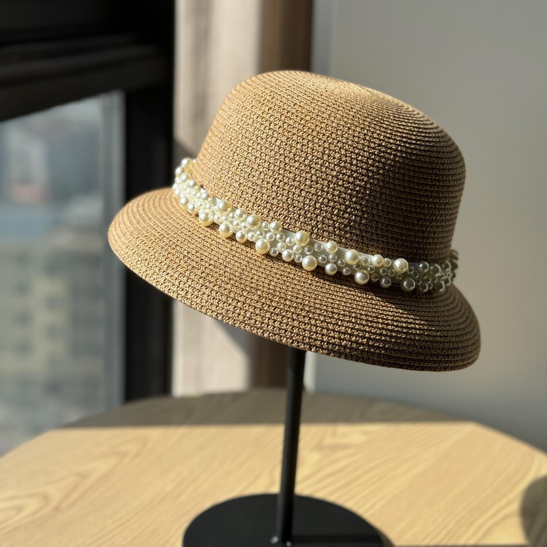 

New Summer Travel Female Pearl Straw Hat Beach Sun Casual Sun Hat Summer Adjustable