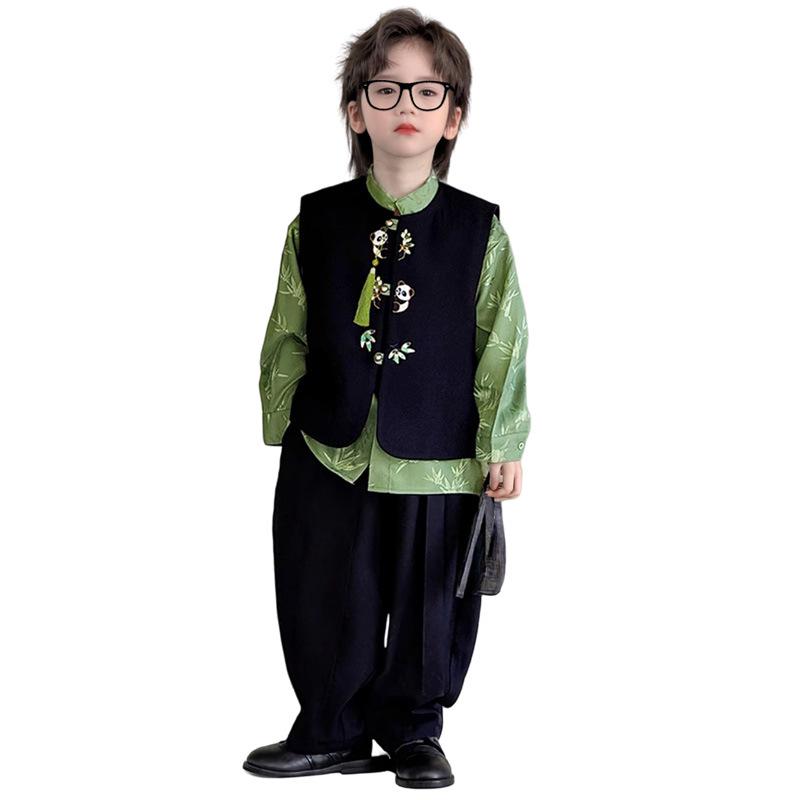 Traje Chinês Tang para Meninos Outono 2025: Conjunto de Camisa e Calça Bordada de Panda Estilo Antigo