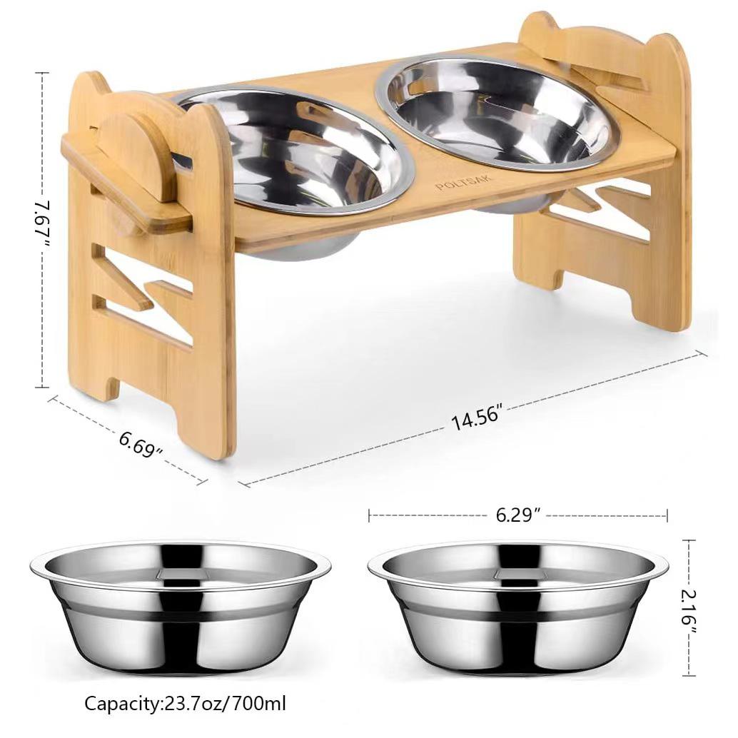 Adjustable Bamboo Pet Bowl Stand - Wooden Cat & Dog Bowl Holder 40.5x17x19.5cm