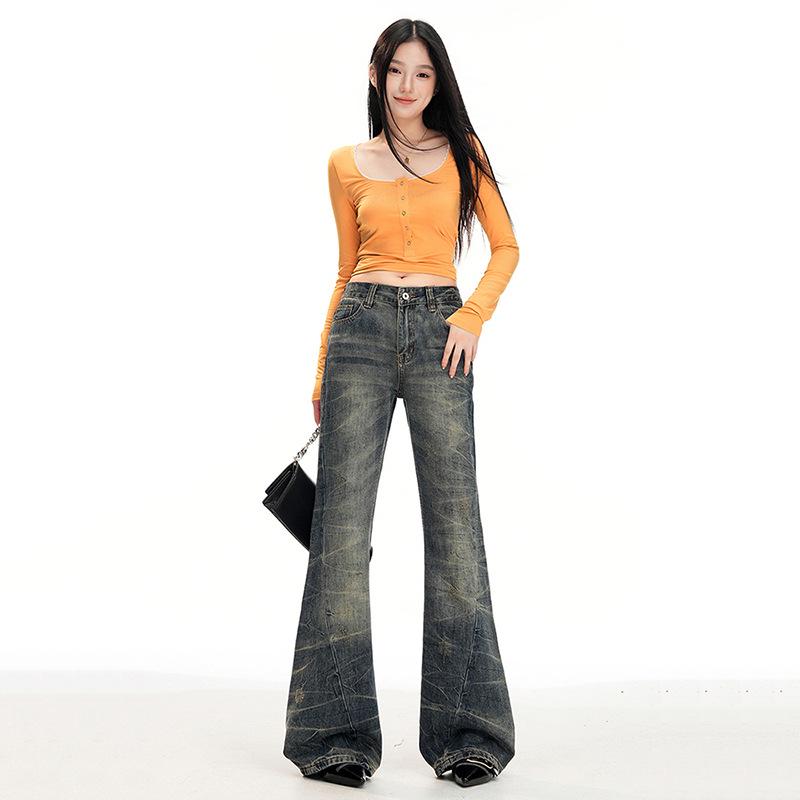 Damskor med hög midja, retro utsvängda jeans: Lös passform, golvlang hovformad design