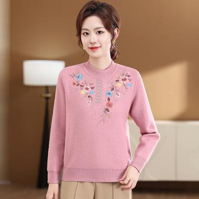 Mom Autumn and Winter Clothing Ethnic Thickened Warm Base Shirt Middle-aged Fashionable Plus Fluff Sweater Middle-aged and Elderly Women's Clothing