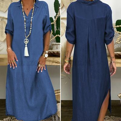 Damen Halbarm Denim V-Ausschnitt Lockeres Maxi-Kleid Streetwear für den Alltag